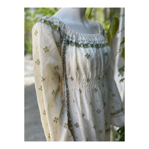 SOLD 70s boho Wool Maxi Dress Floral Print Chevron Jaquard Smocked Off Shoulder - Picture 4 of 13